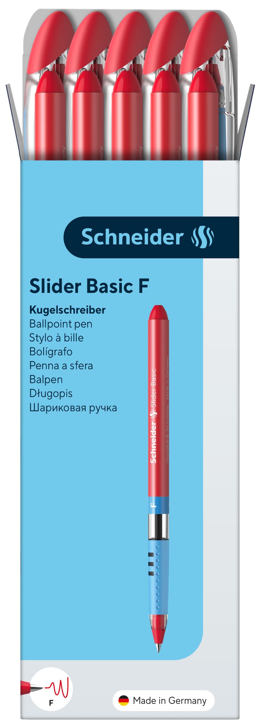 Schneider Slider Basic F (Fine) Ballpoint Pen, 0.7 mm, Transparent Barrel, Red Ink, Box of 10 Pens