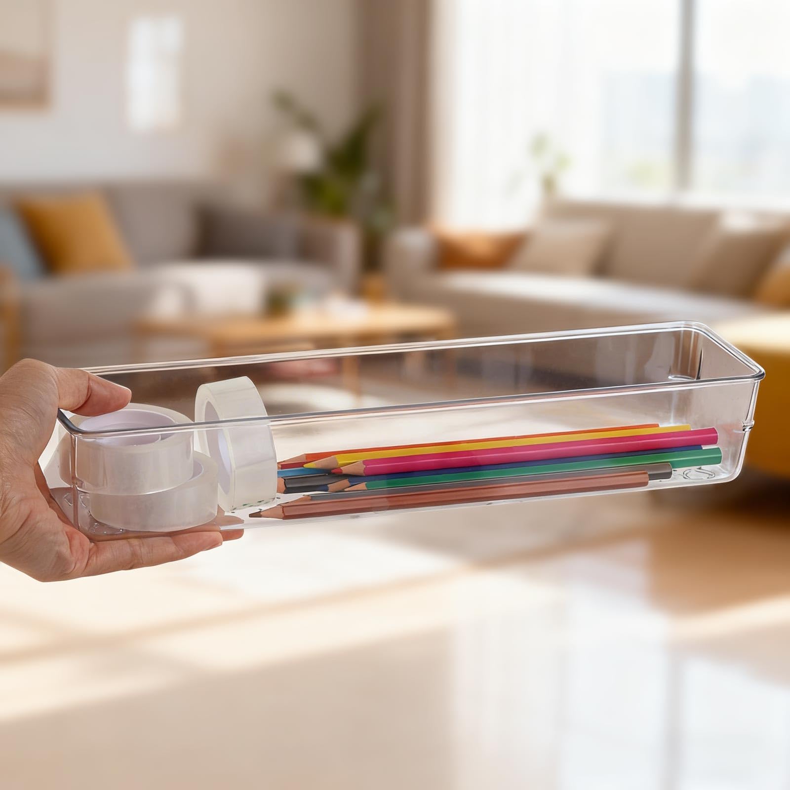 Ohlove 6 Pcs Large Clear Plastic Drawer Organizers Tray 12"x3" Storage Bins with 25 Pcs Non-Slip