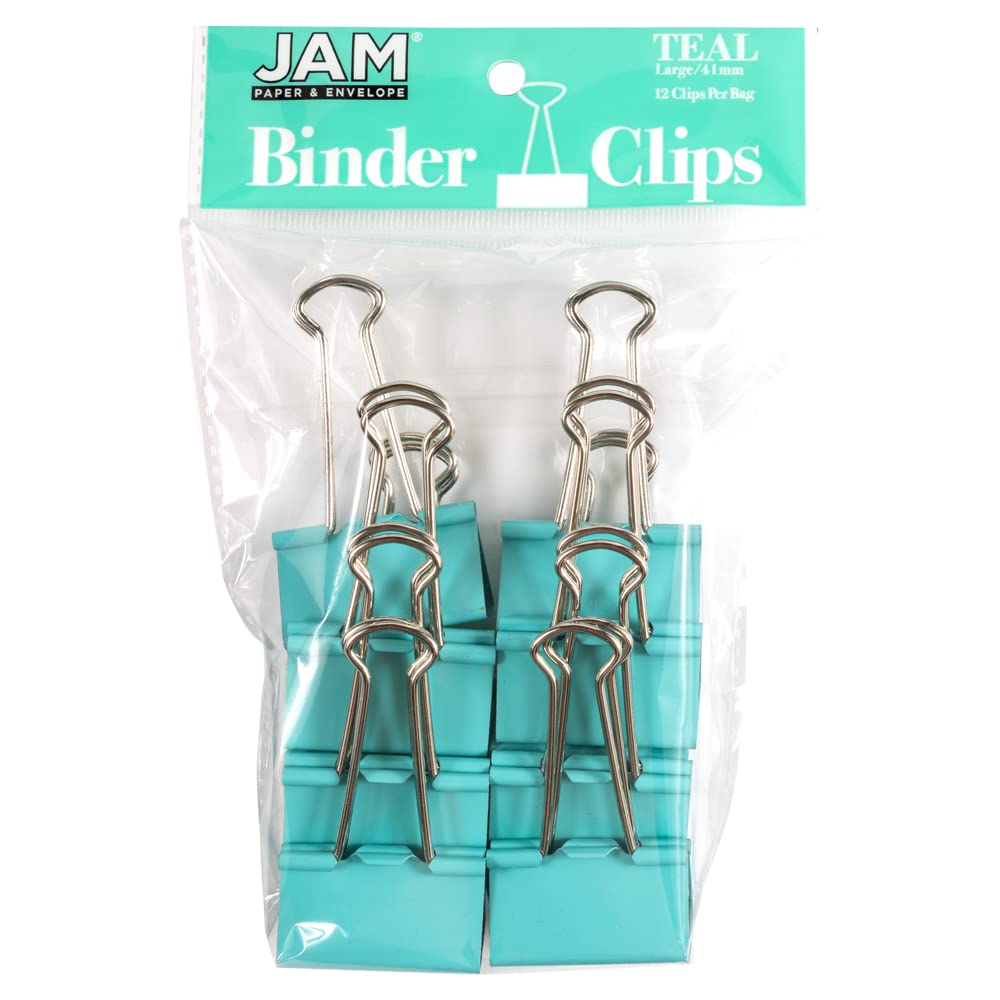 JAM PAPER Colorful Binder Clips - Large - 1 1/2 Inch (41 mm) - Teal Binderclips - 12/Pack