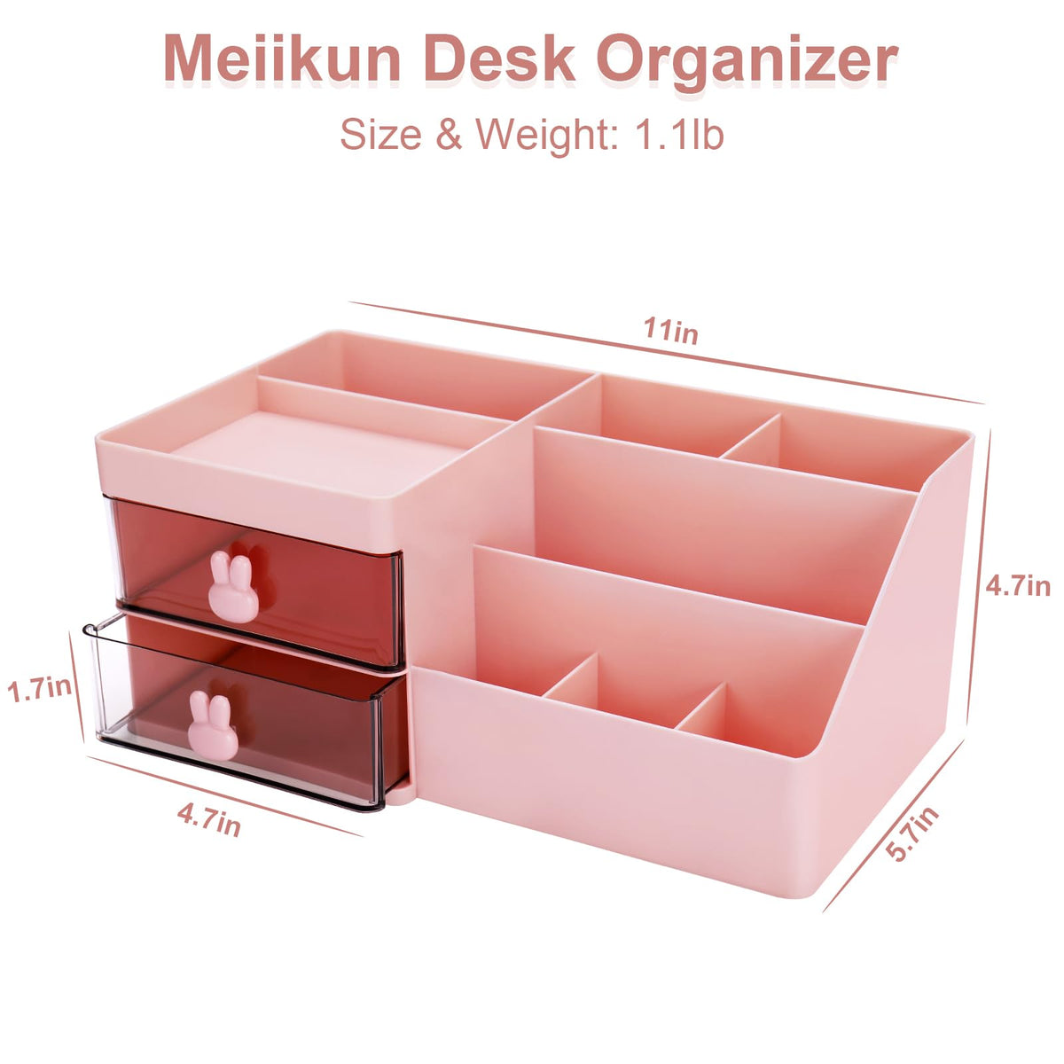 Meiikun Desk Organizer, Makeup Organizer with 2 Drawers, 7 Compartment & a Top Tray, Desktop