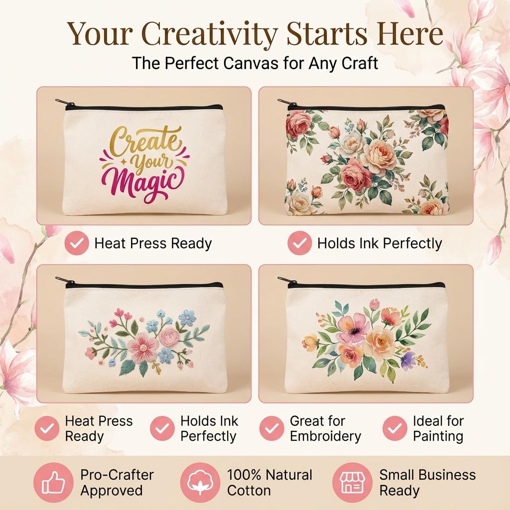 40pcs Blank canvas Zipper Pouch Makeup Bags Bulk, Smooth Zipper Pencil Case