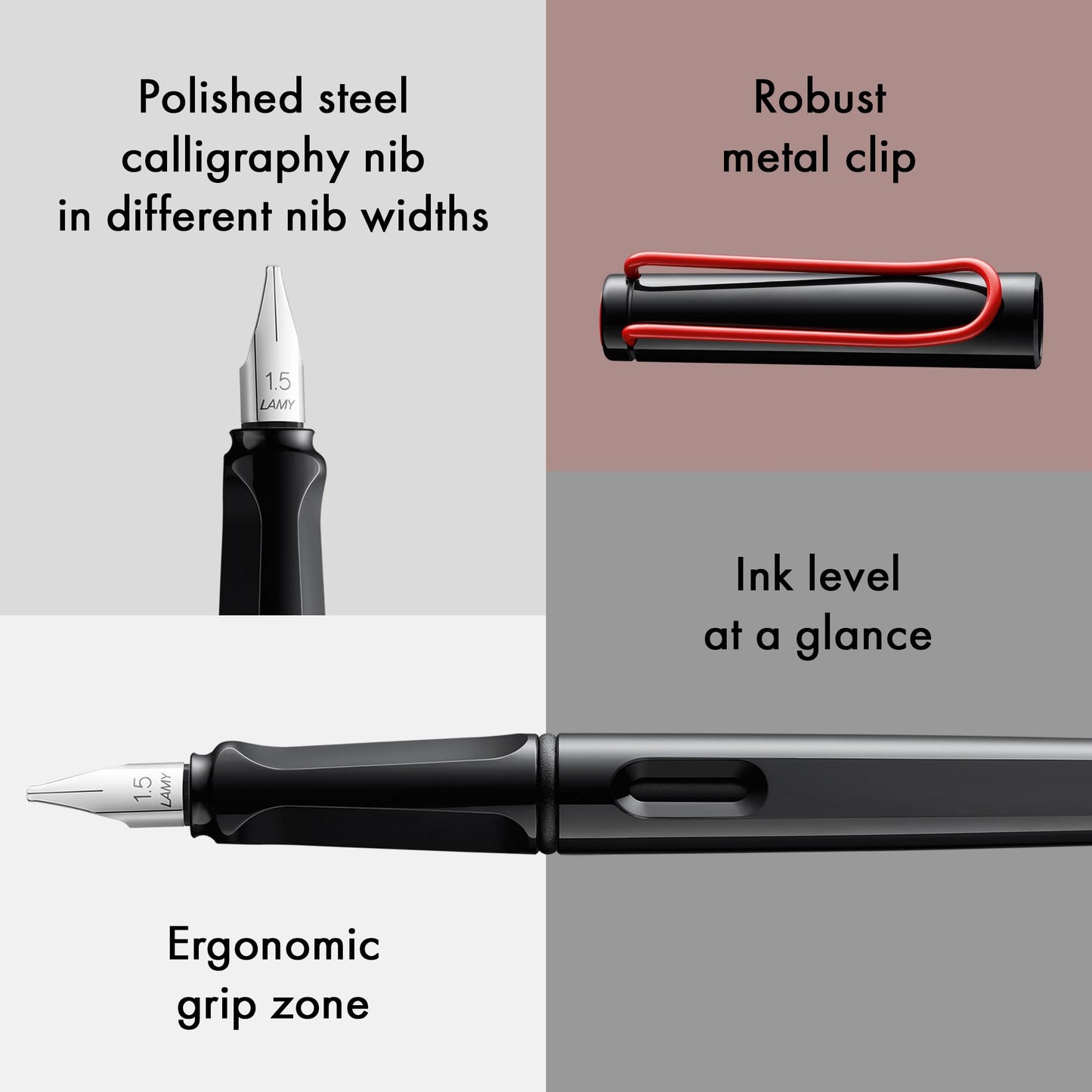 Lamy joy black - calligraphy fountain pen with ergonomic grip & polished steel nib in line width