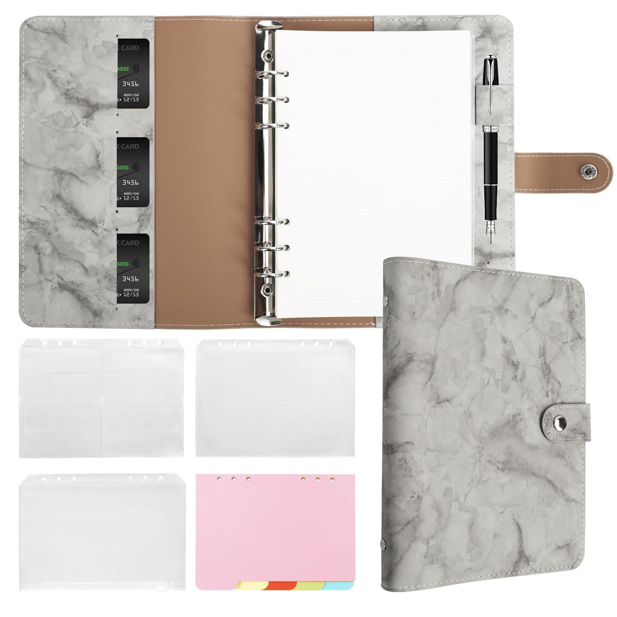 FYY A5 Binder Refillable Planner Notebook 6 Ring, Marble Grey