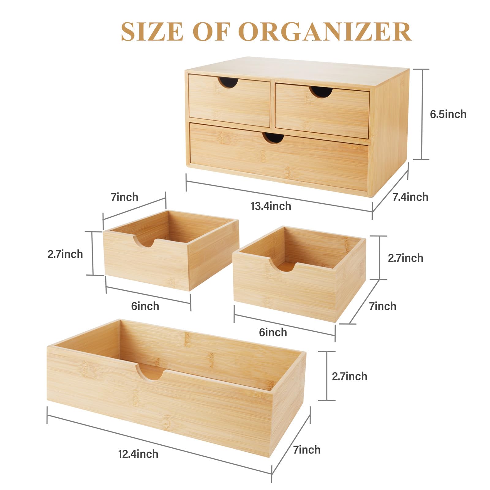 Charmewooden Bamboo Desk Organizer with 3 Drawers, Countertop Organizer with Drawers Makeup Storage