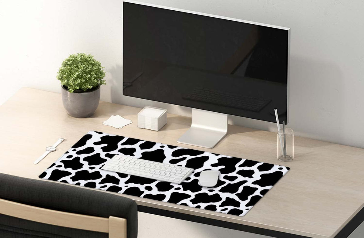 SSOIU White Black Cow Pattern Desk Pad, Personalized Desk Mat, Cow Print Desk Mat, Cute Desk Pad