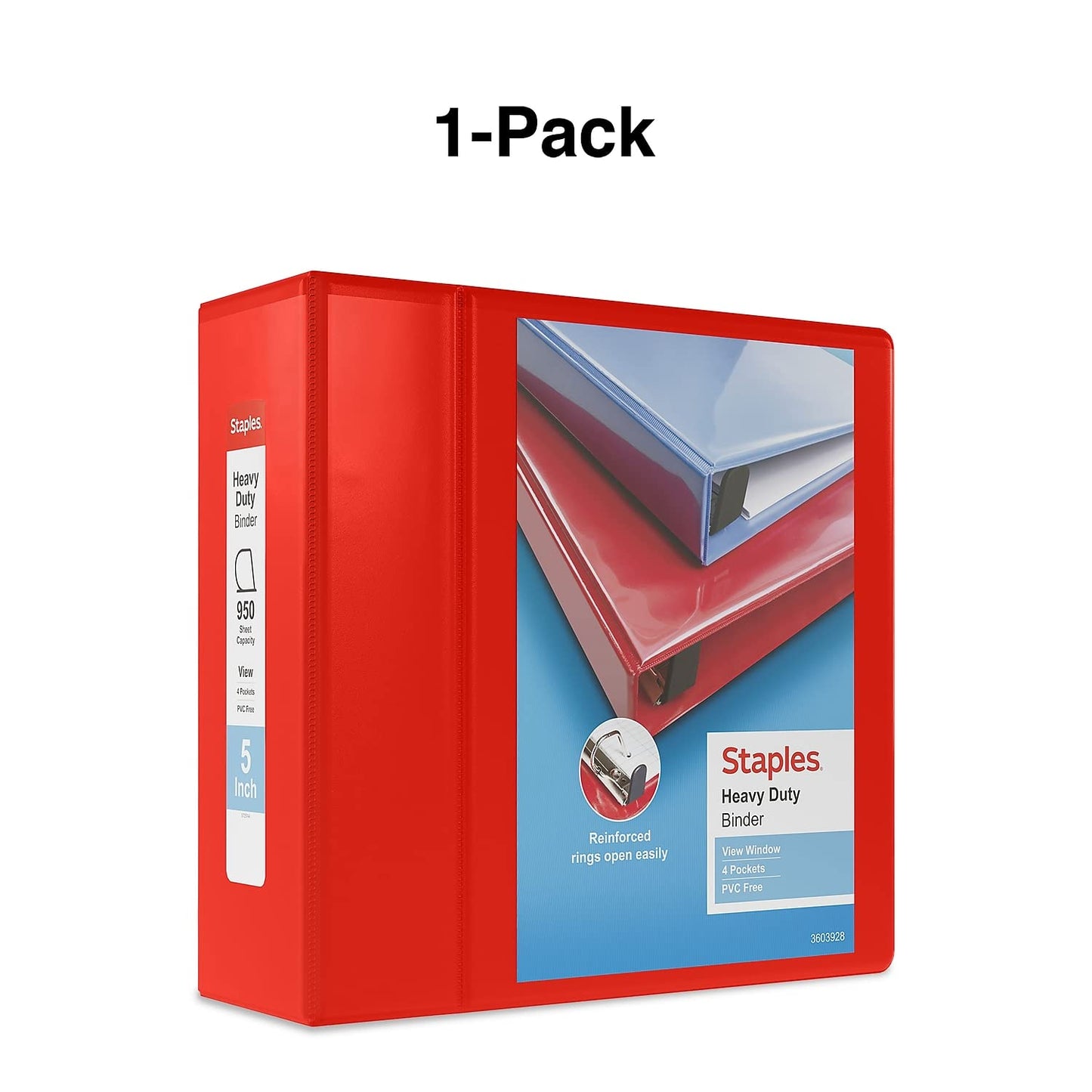 Staples Heavy-Duty 5 Inch 3-Ring View Binders with D-Rings, Red, Four Interior Pockets, Extra-Large