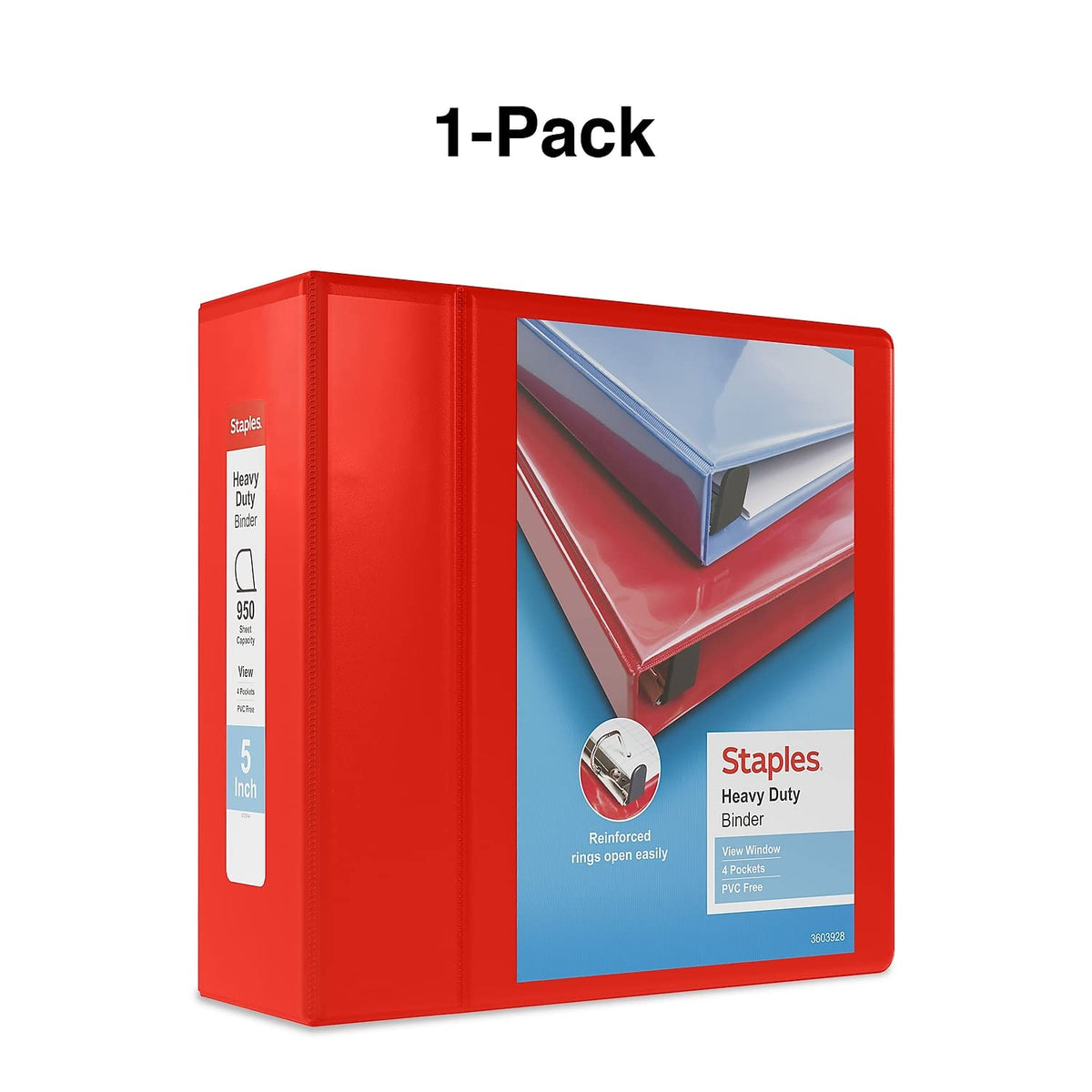Staples Heavy-Duty 5 Inch 3-Ring View Binders with D-Rings, Red, Four Interior Pockets, Extra-Large