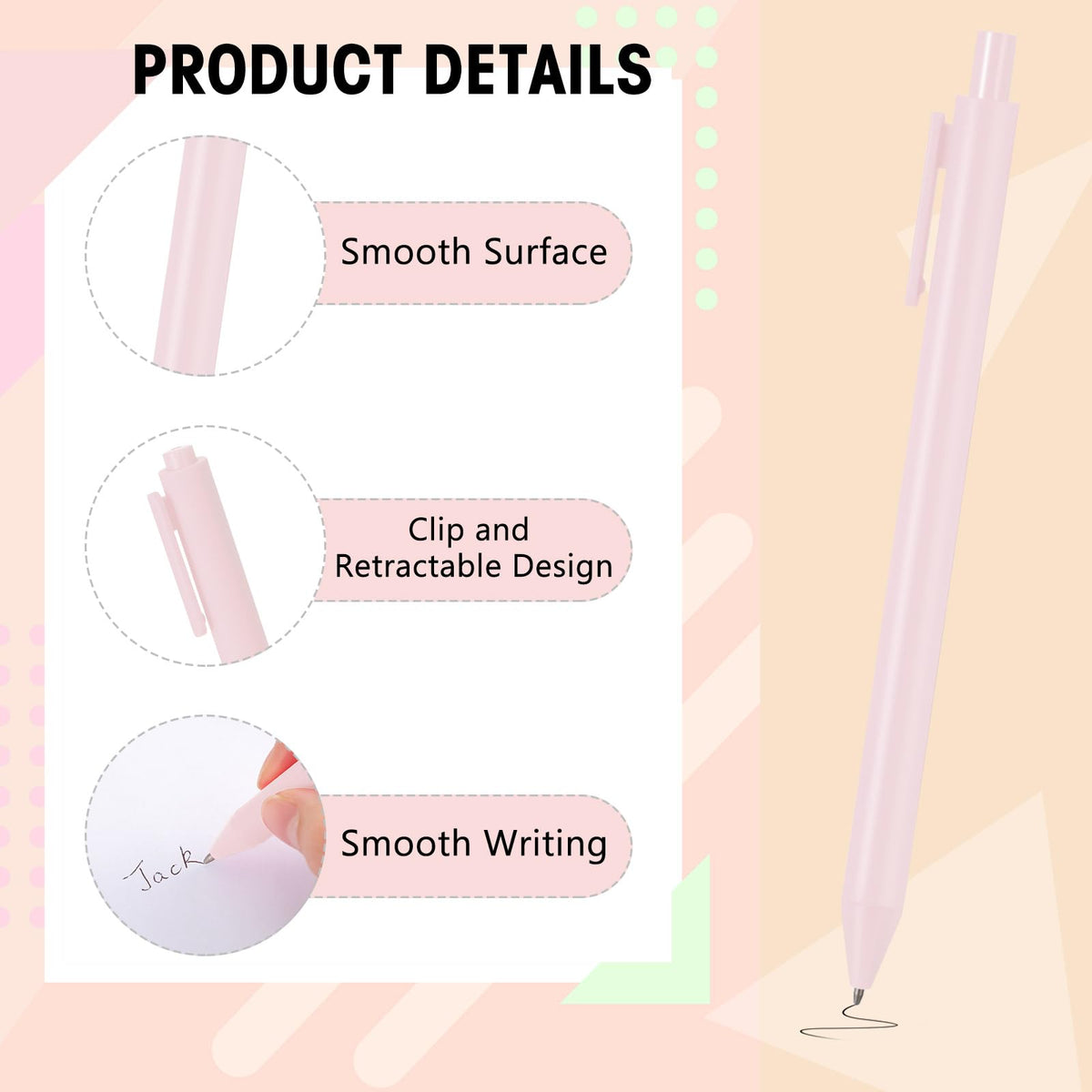 Fulmoon 50 Pcs Cute Pens Retractable 1.0mm, Pale Pink Black Ink
