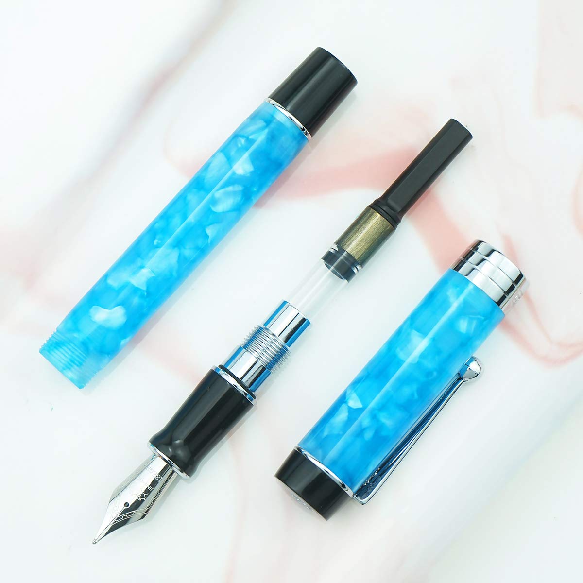 Jinhao 100 Classic Fountain Pen Sky Blue Celluloid, Medium Nib with Converter and Pen Case Set