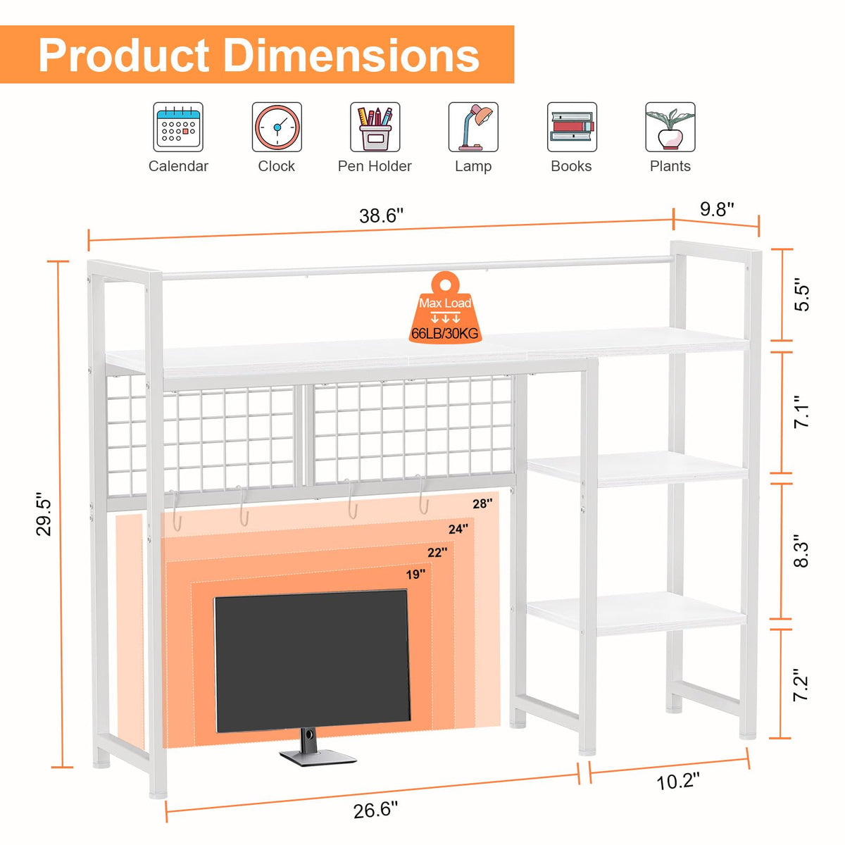 Snughome Desk Shelf, 38.6" Desktop Organizer Shelf, Desk Hutch for Computer Monitor, 4 Tier Desktop