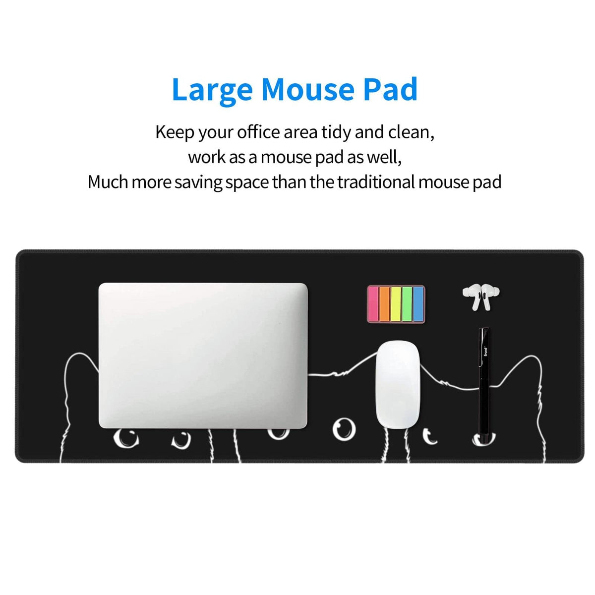 Cute Black Cat XXL XL Large Gaming Mouse Pad for Desk, Non-Slip Long Extended Keyboard Pads