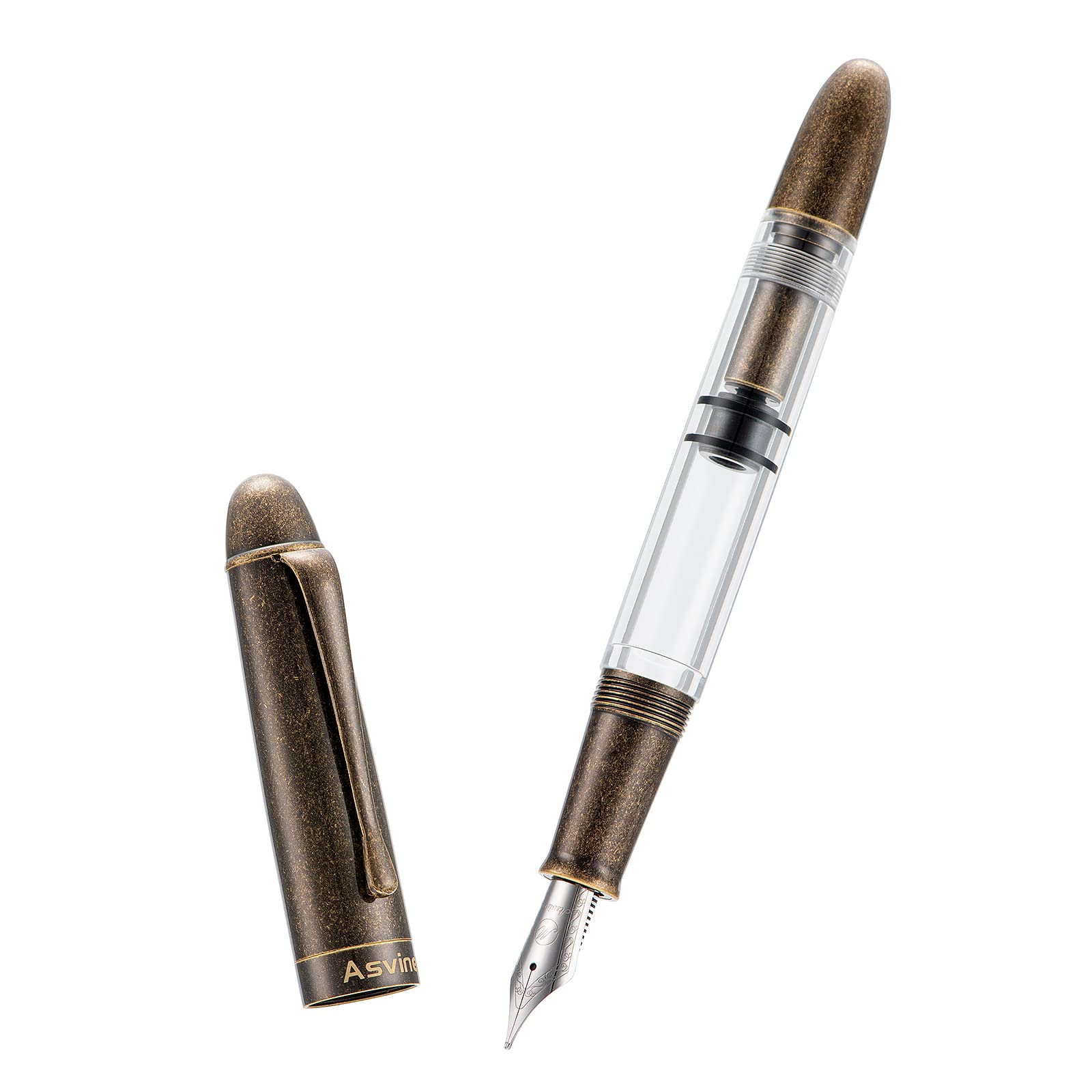 Asvine P30 Piston Fountain Pen Steel Fine Point, Retro Brass Style, Clear Demonstrator Acrylic Pen