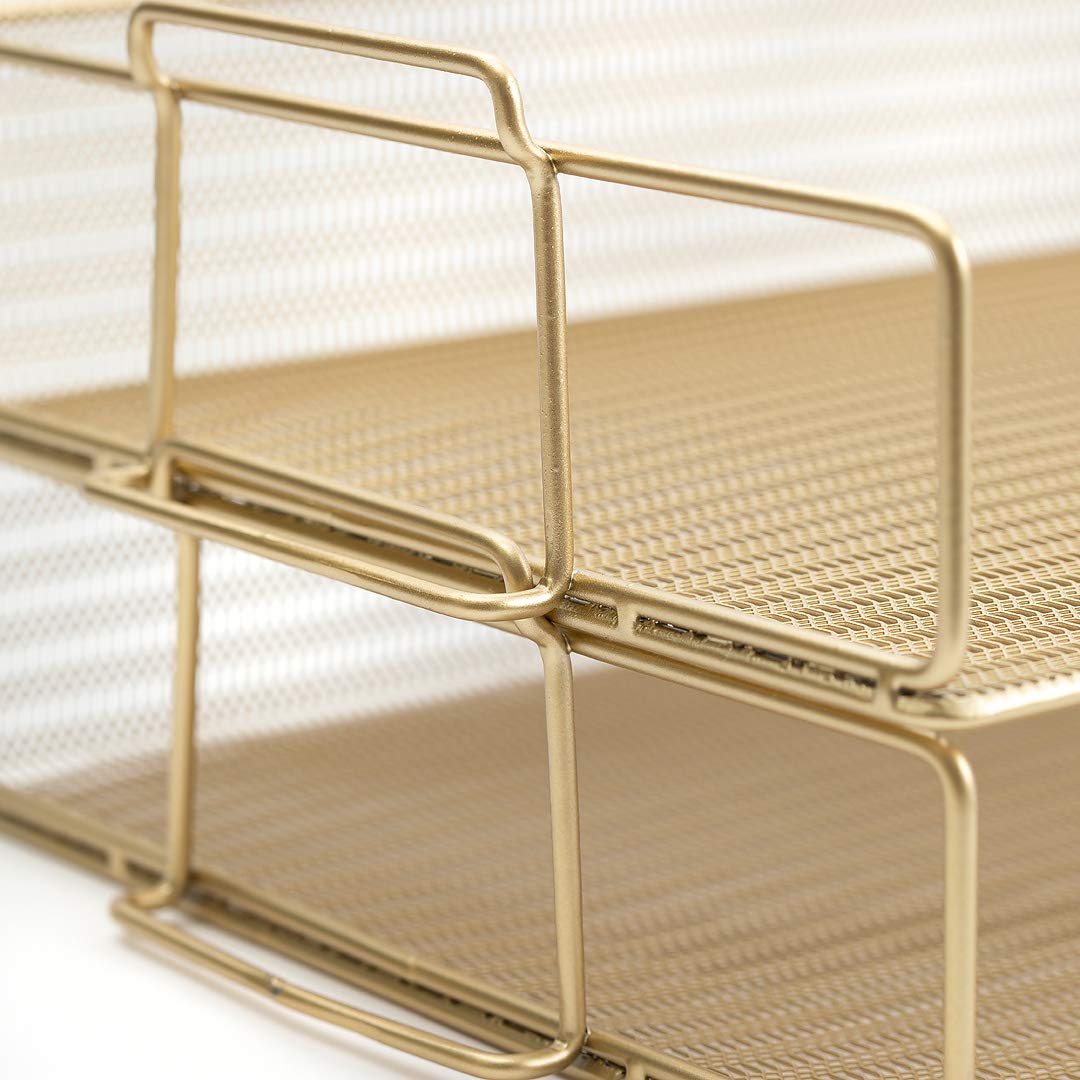 BLU MONACO | Paper Tray Stackable Gold Mesh Set of 2 | Stackable File Trays for Desk Organization |