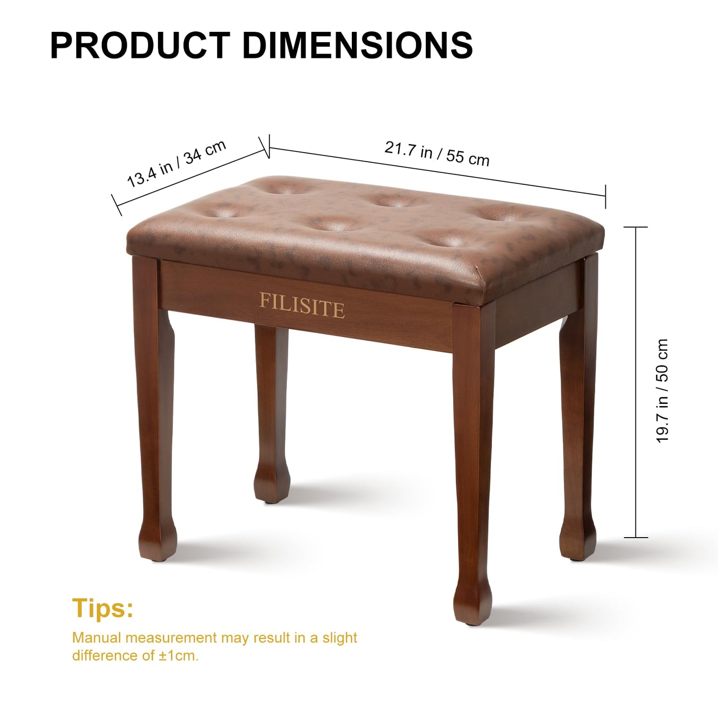 FILISITE Wooden Piano Bench with Storage, Piano Stool with Waterproof Padded Cushion, Bench Seat