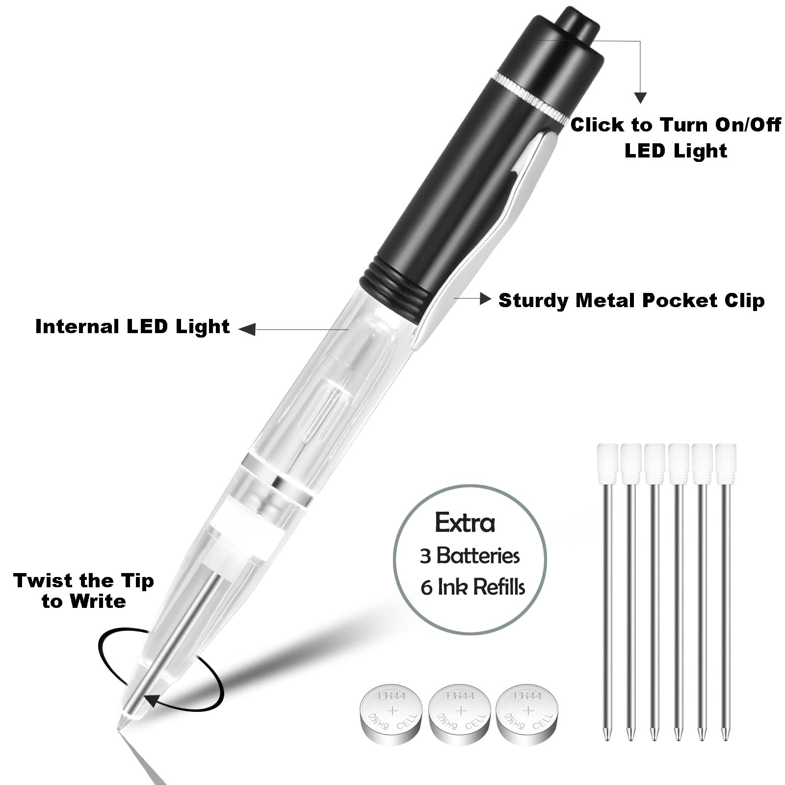 Glovion LED Light Pen, Lighted Ballpoint Pen Penlight for Nighttime Writing – Red Light with Black