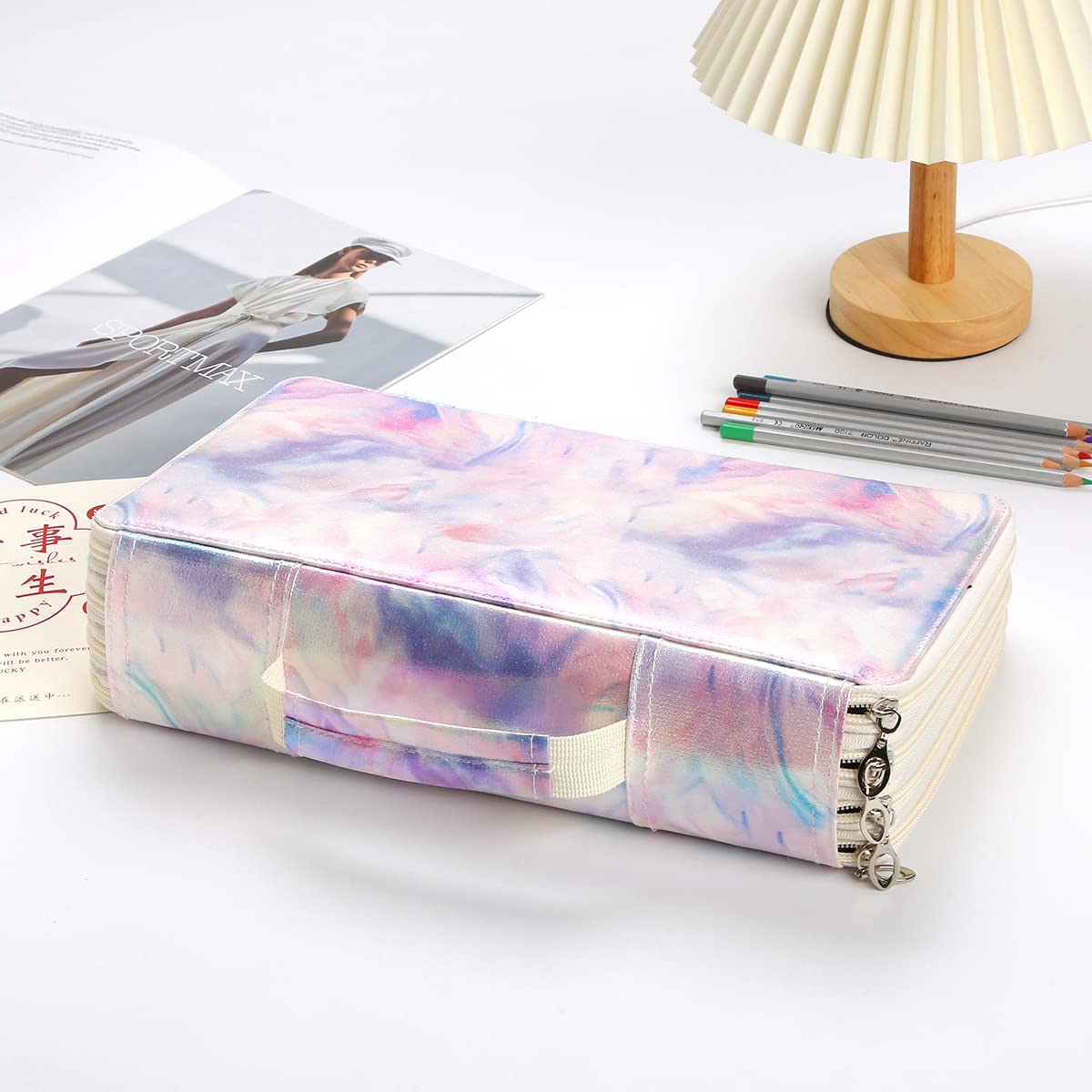 Lbxgap 300 Slots Pencil Case 4-Layer Zipped Holder w/Handle