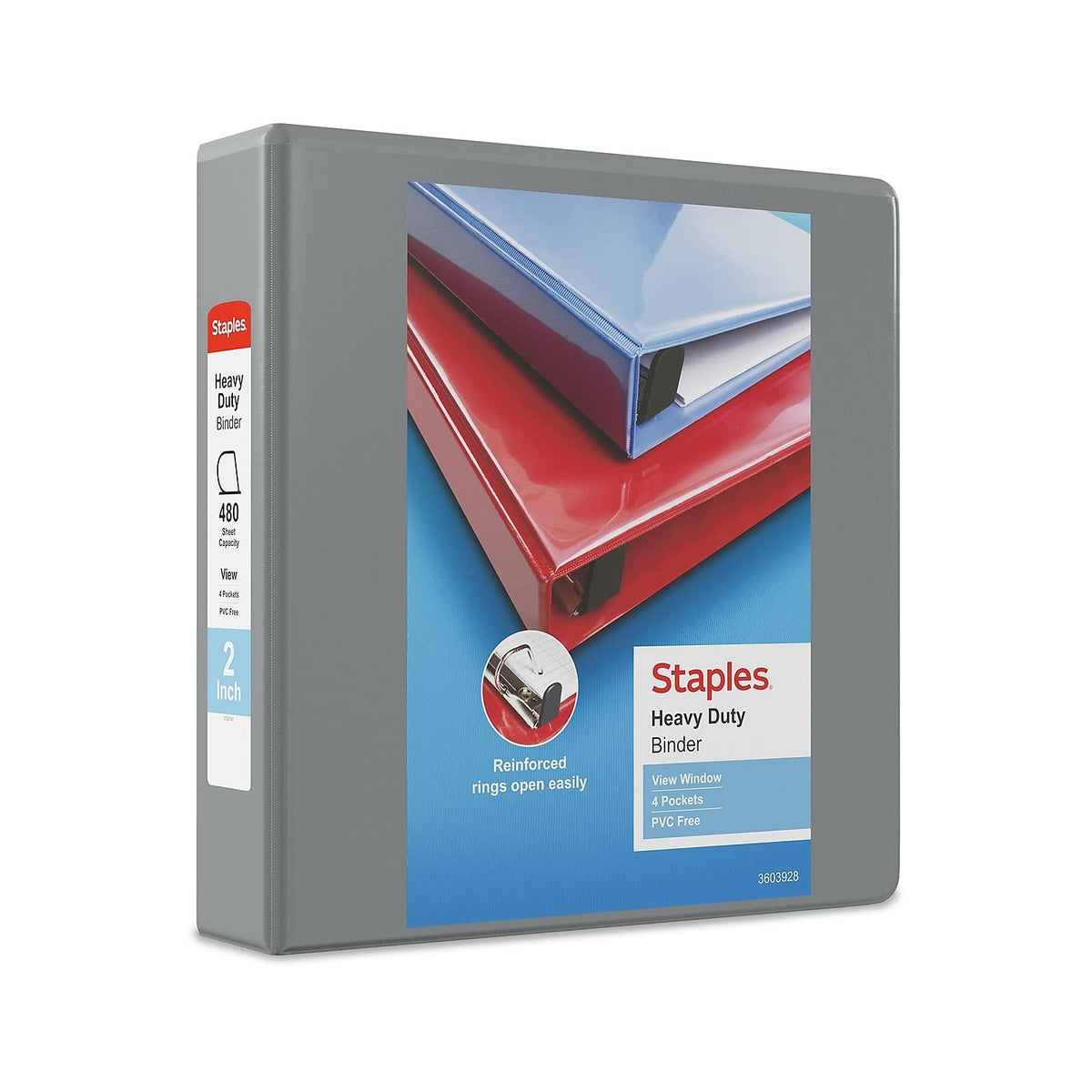 Staples Heavy-Duty 2-Inch D-Ring View Binder, Gray, 450 Sheets