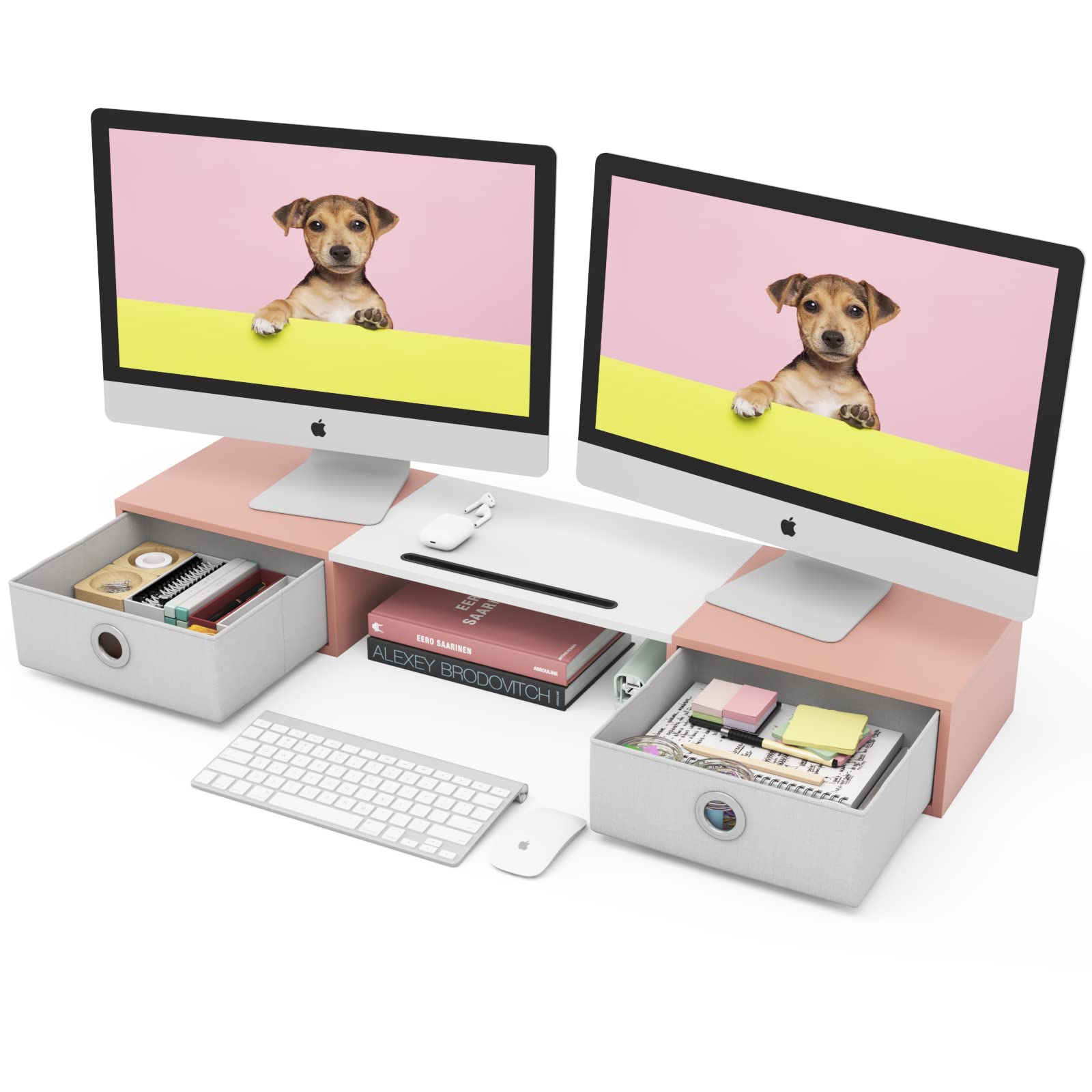 WESTREE Dual Monitor Stand Riser with Two Drawers, Extra Large Storage Monitor Stand for 2