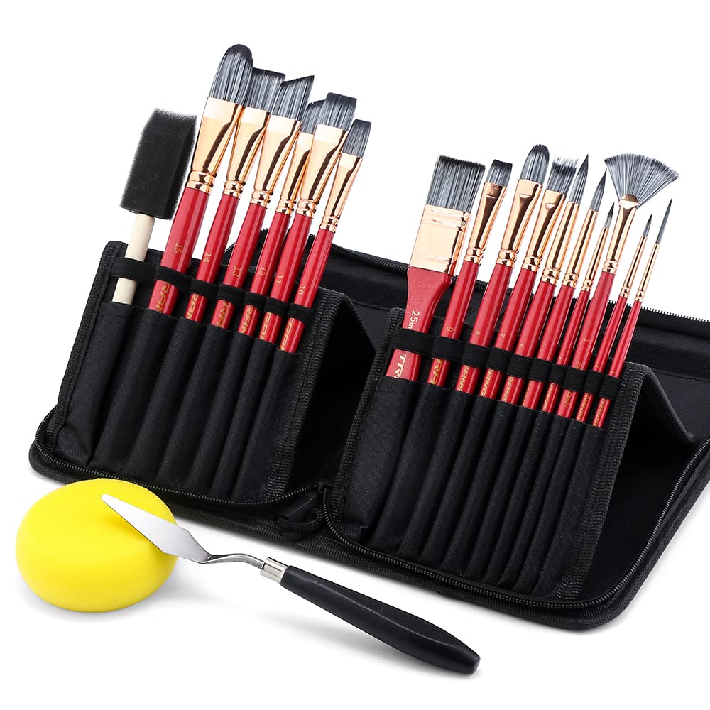 Transon 20Pcs Art Paint Brush Kit with Storage Case, 16 Brushes + Foam Brush Spatula Sponge for