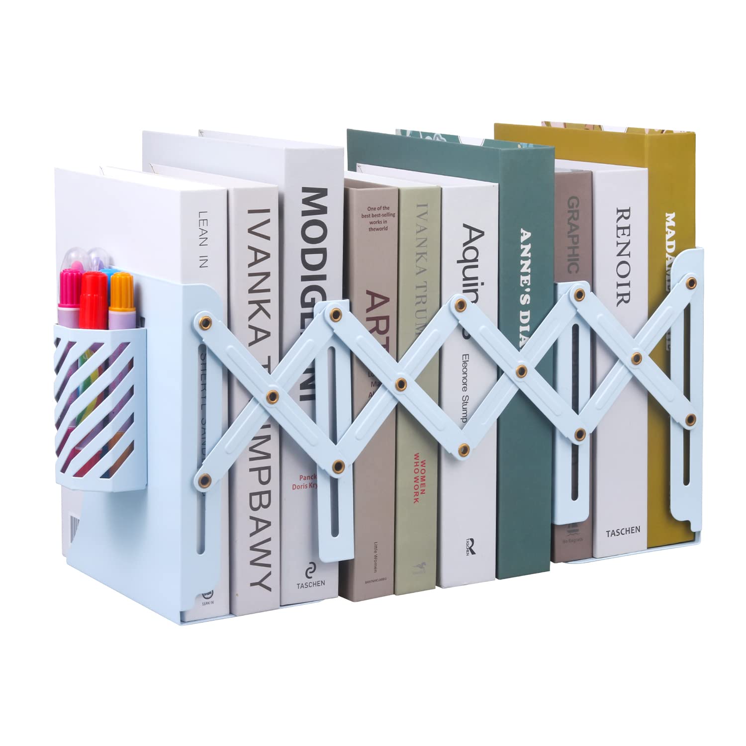 MSDADA Adjustable Bookends, Book Ends for Heavy Books, Expandable Book Organizer with Pen Holder