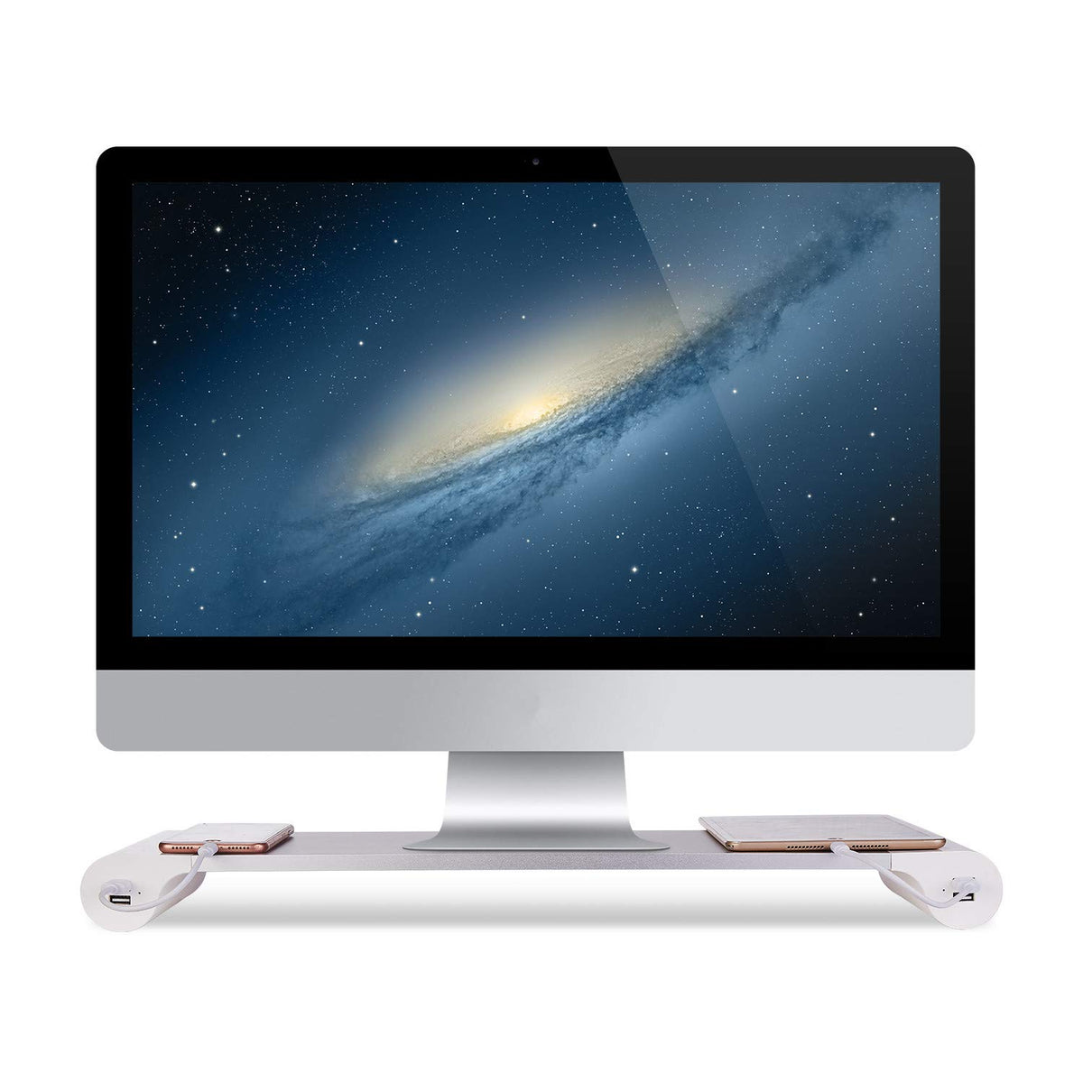 PG Silver Monitor Stand Riser with 4-Port USB Charging ports, Convenient keyboard organiser,Desktop