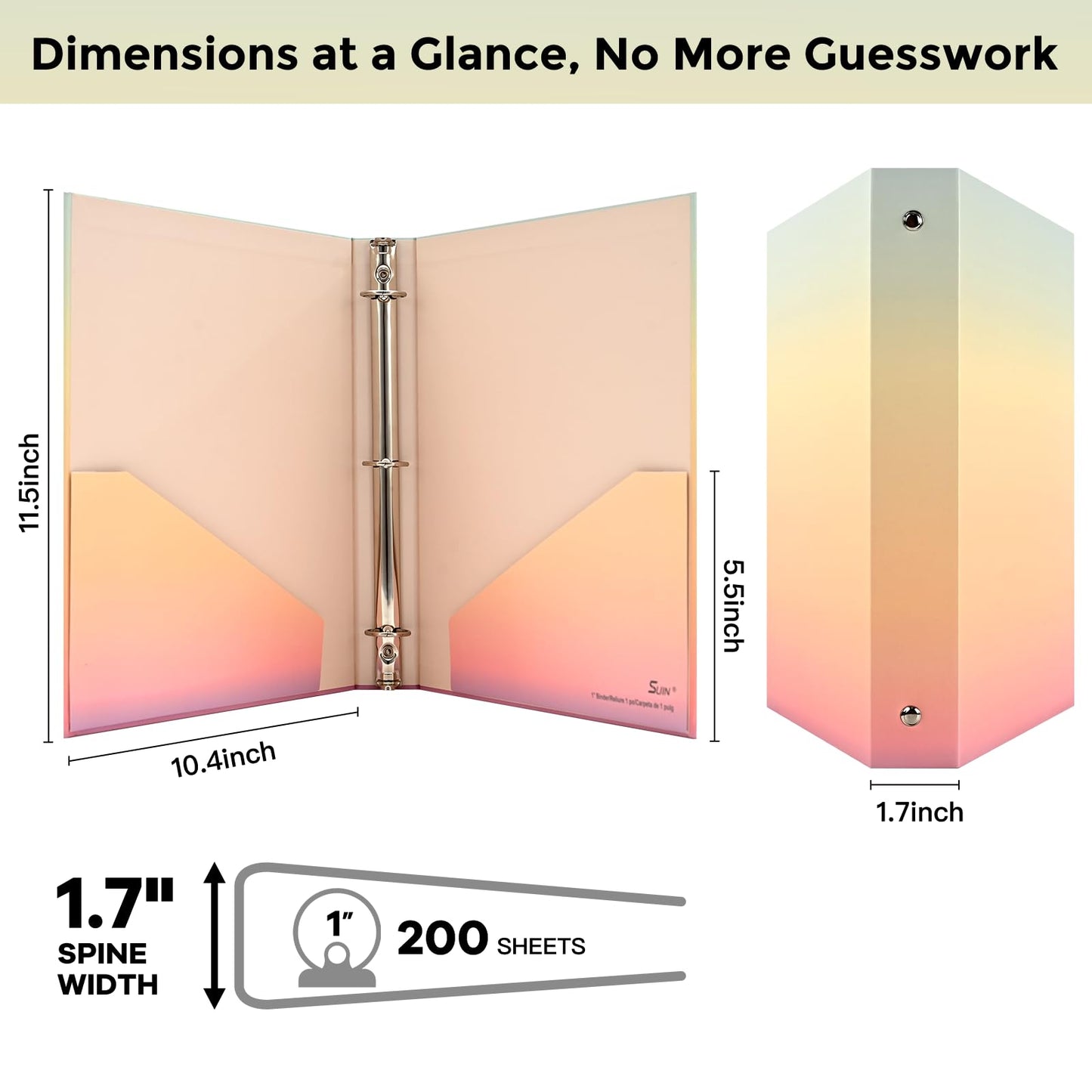 SUIN 1-inch 3-Ring-Binder with Pockets, Decorative Pink Gradient, 1" Cute Round Ring Binder for