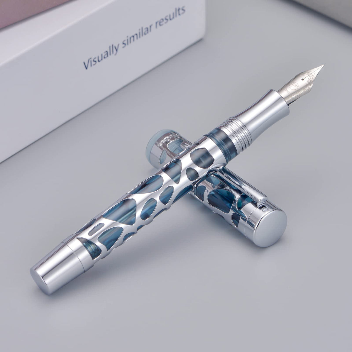Asvine V169 Vacuum Filling Fountain Pen Extra Fine Nib, Water Drop Skeleton Transparent Gray Blue