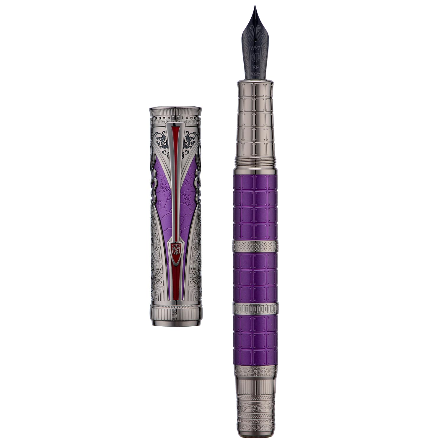 Hongdian D5X Fountain Pen Purple Color Fine Nib, Qin Dynasty Retro Chinese Totem Engraving Smooth