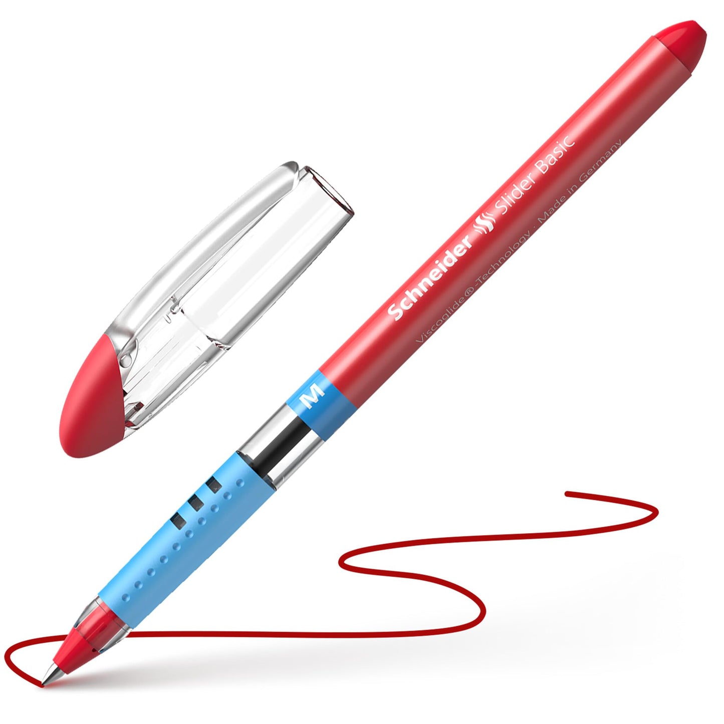 Schneider Slider Basic M (Medium) Ballpoint Pen, 1.0 mm, Light Blue Barrel, Red Ink, Box of 10 Pens