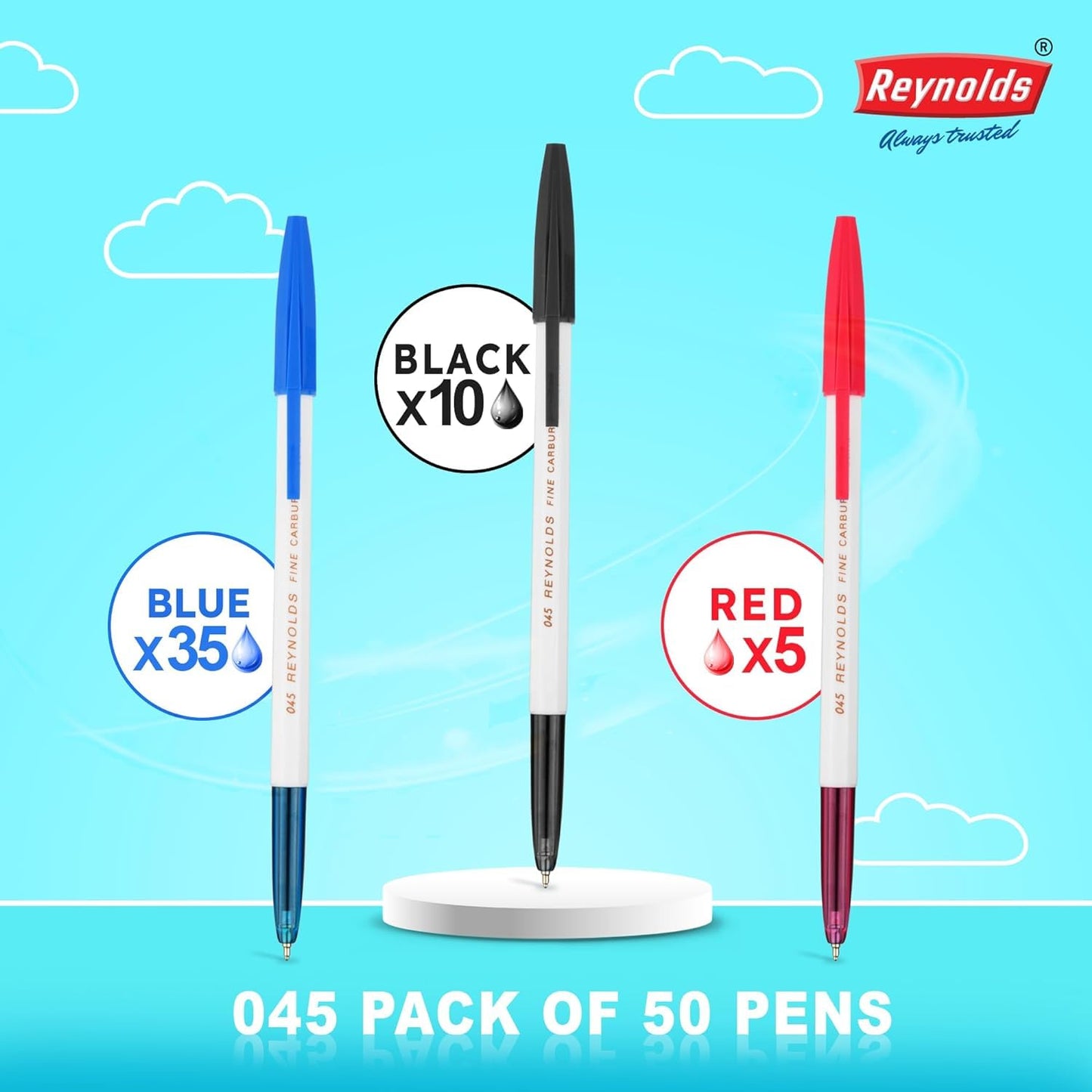 Reynolds 045 Ball Pen SET - 50 PENS (35 BLUE, 10 Black, 5 Red) | COMFORTABLE GRIP | SMOOTH WRITING