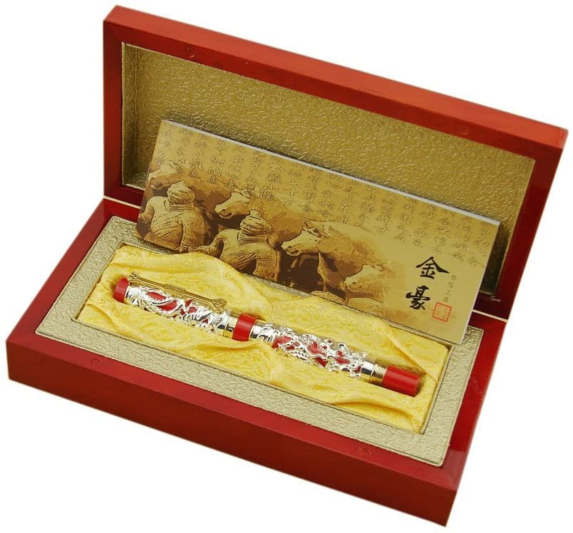 Jinhao Dragon Phoenix 3d Embossment Silver Red Fountain Pen Bent Nib Chinese Ruyi Clip Wooden Box