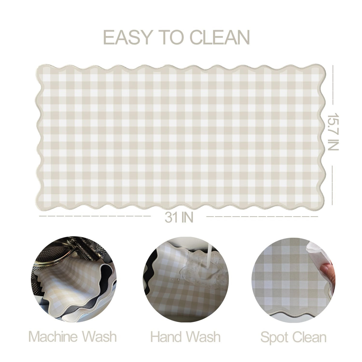 ohisxiacy Scalloped‌ Beige Checkered Gingham Desk Mat Cute Pastel Large Mouse Pad Kawaii