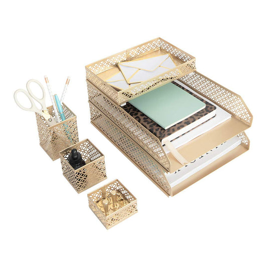 BLU MONACO | Gold Desk Organizer Set for Women 6 Piece | Mail Sorter Organizer Countertop with