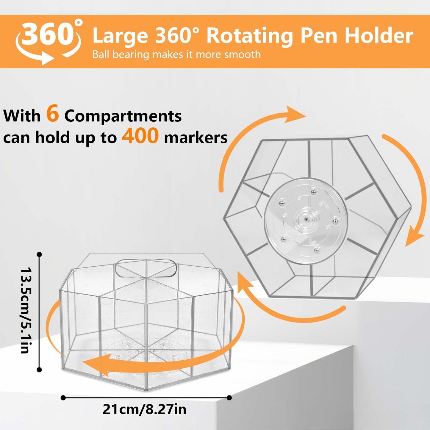 Hiborateed Pen Holder for Desk Acrylic, Large 6 Slots 360-Degree Rotating Marker Organizer Pencil