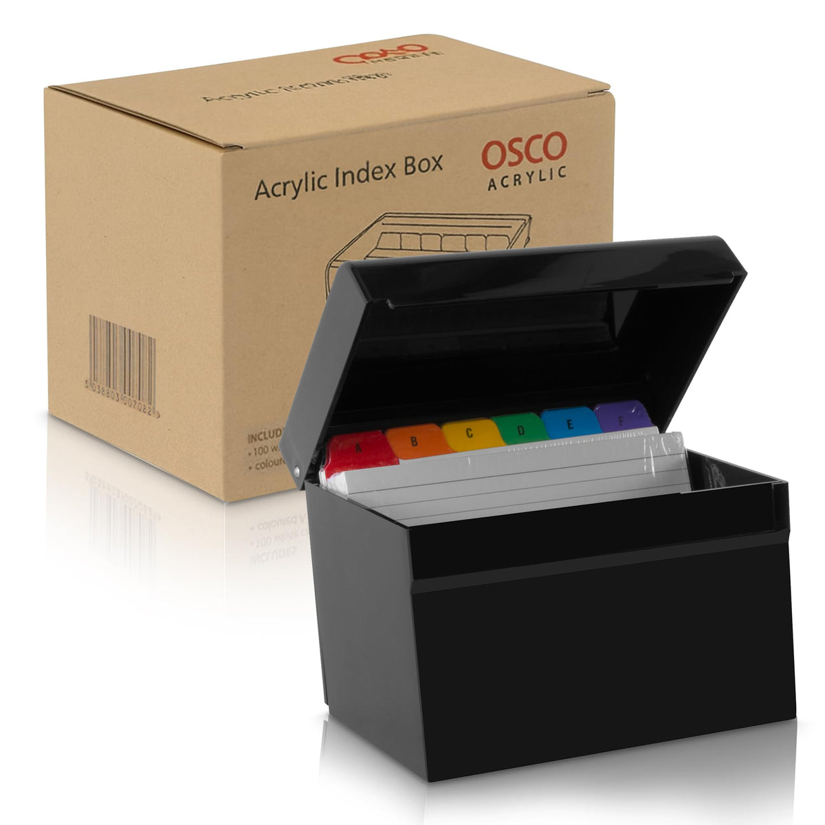 OSCO Black Hi-Gloss Plastic Index Box, Small, A to Z Divider Tabs, 100 Lined Note Cards, 5" x 3"