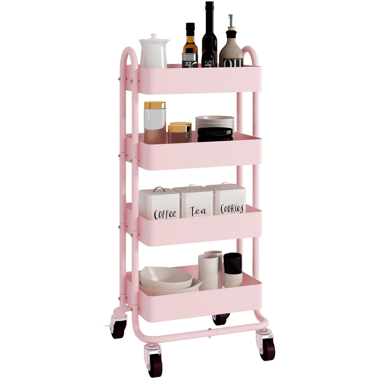 Elitehouse 4 Tier Metal Rolling Cart Pink Utility Cart with Wheels,Rolling Pink Cart for
