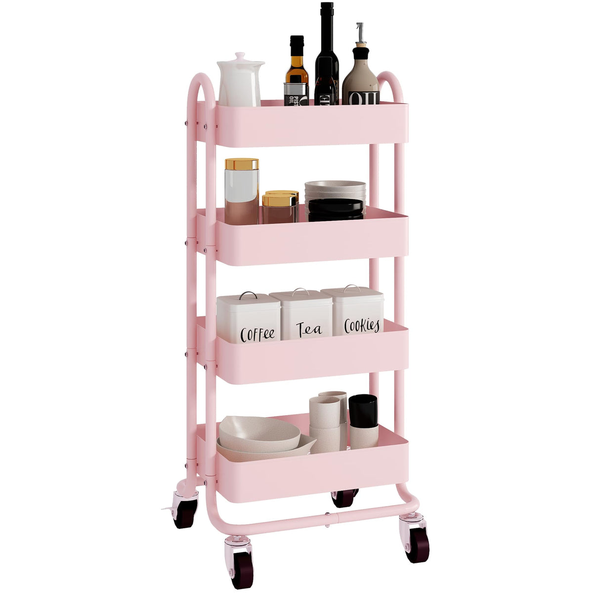 Elitehouse 4 Tier Metal Rolling Cart Pink Utility Cart with Wheels,Rolling Pink Cart for