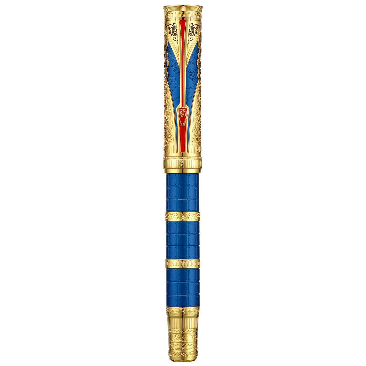 HONG DIAN D5 Qin Dynasty Fountain Pen Blue Gold, Fine Nib Piston Filling Pen, Retro Chinese Totem