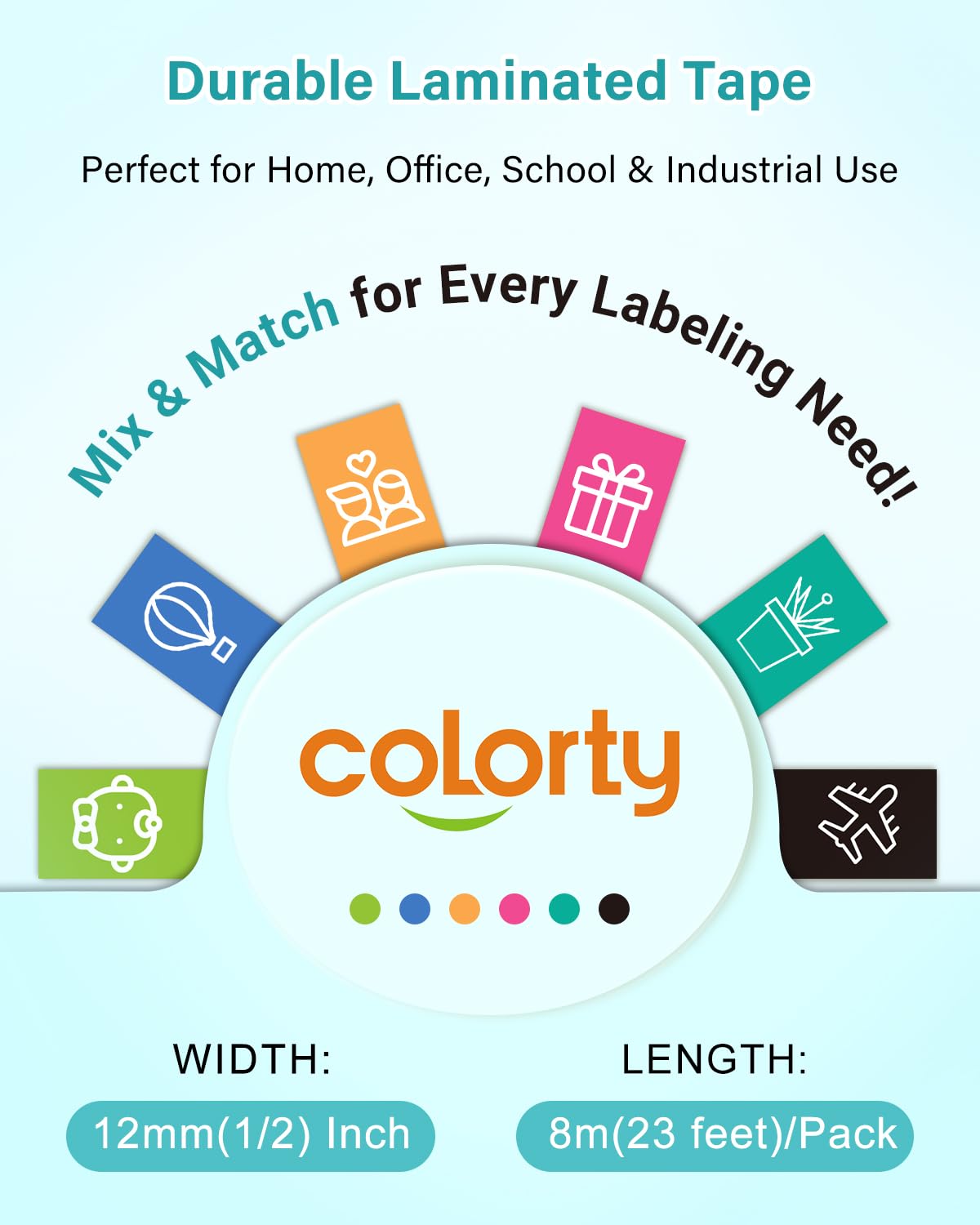 Colorty Replacement for Brother P-Touch Label Maker Tape TZe 12mm