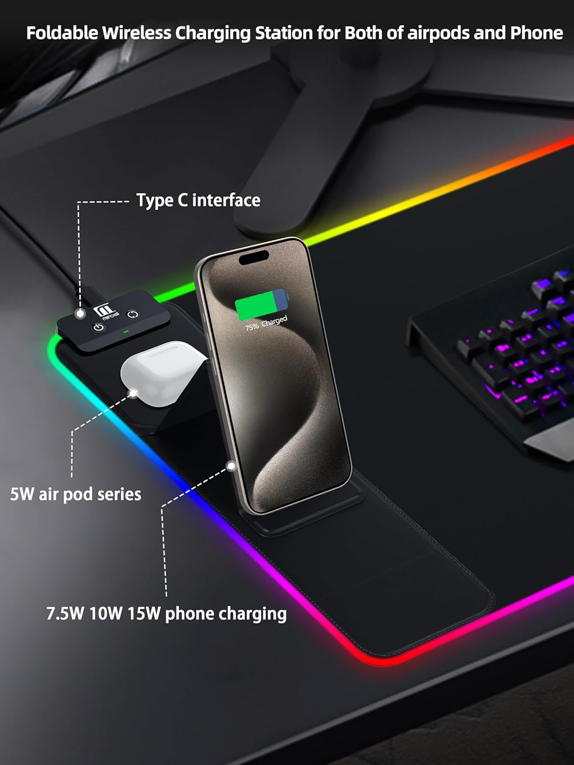 XXL Mouse Pad with Phone Holder - Black, RGB Desk Mat with 15W Fast Charging, LED Gaming Mousepad