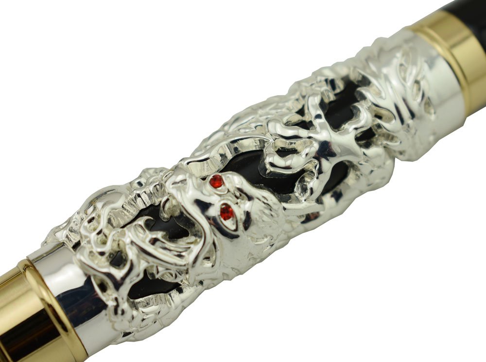 Jinhao Dragon Fountain Pen Fine Nib Silver Color Playing Pearl, Green Jewelry with Pen Pouch