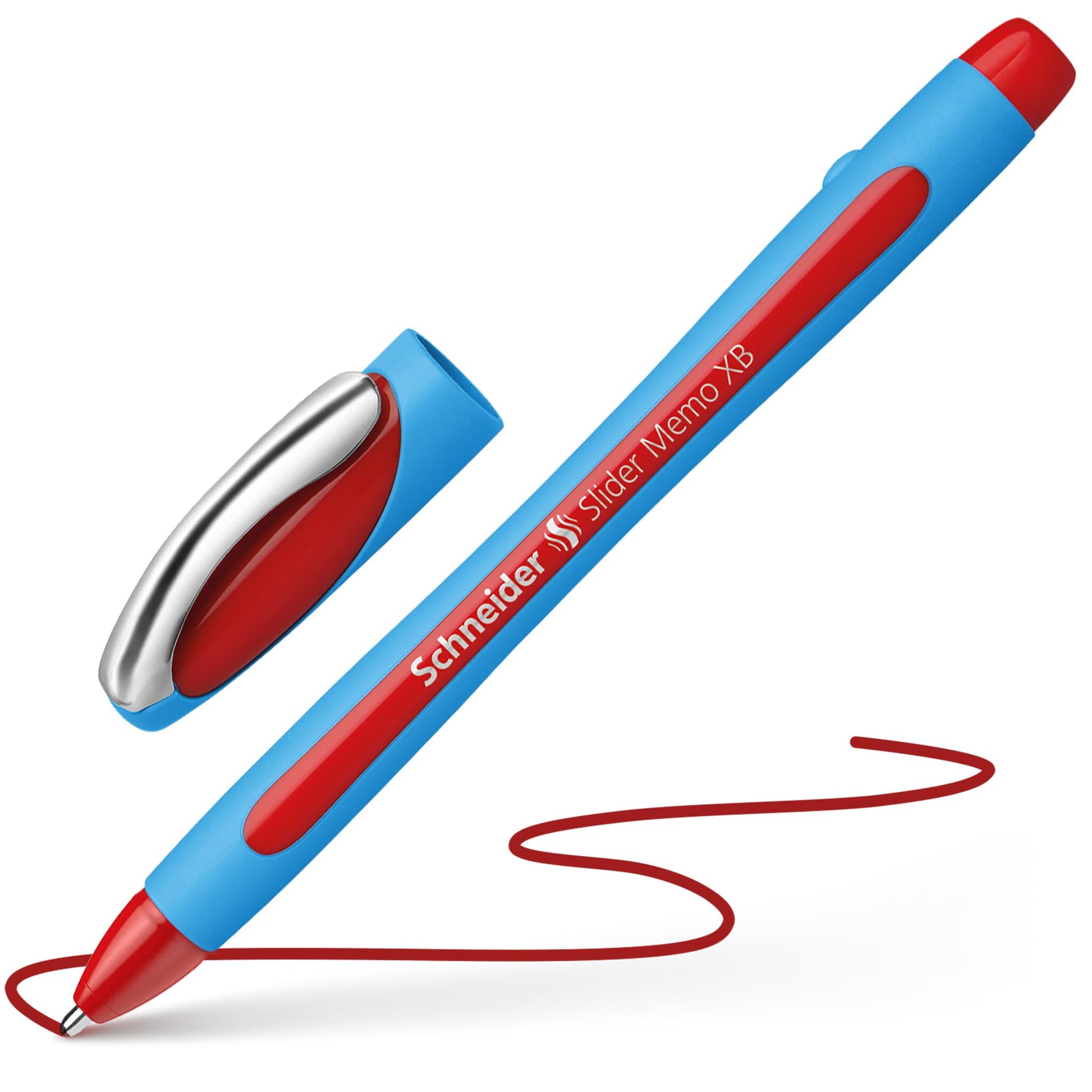 Schneider Slider Memo XB (Extra Broad) Ballpoint Pen, 1.4 mm, Light Blue Barrel, Red Ink, Box of 10