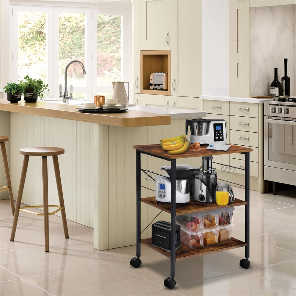 Rustic Brown 3-Tier Bakers Rack with Wheels - Microwave Stand and Coffee Cart for Kitchen and