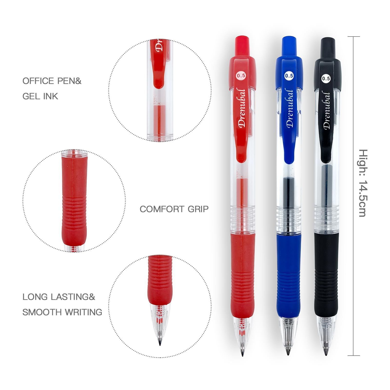 Drenubal Red Ballpoint Pens with Rubber Grip，Fine(0.5mm) Point Retractable-Set of 48 Writing Pens