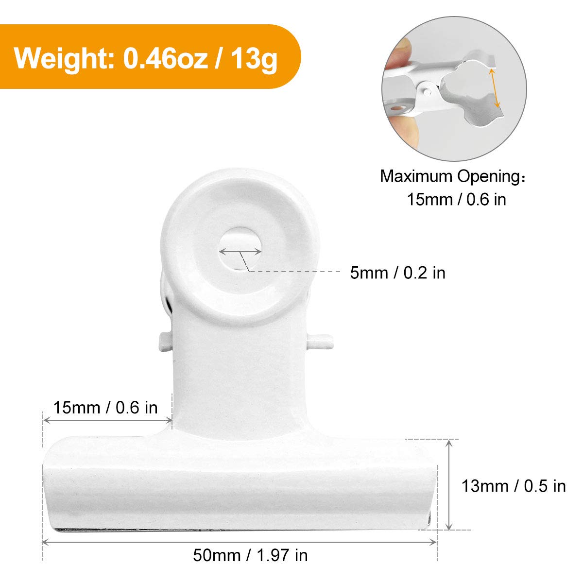 Coideal White Bulldog Paper Clips, 20 Pack 2 Inch Large Metal Binder Clips Round Hinge Clamps for