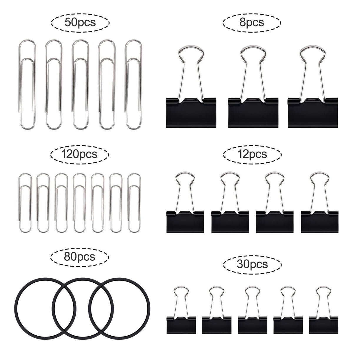 Sopito 300pcs Paper Clips, Binder Clips & Rubber Bands, Black