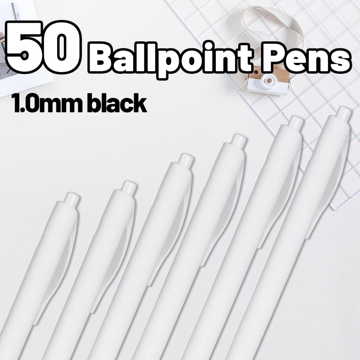 Wiaziert BallPoint Pens, 50 Pack (BLACK Ink),Bulk Pens, White Barrel,Click Pens for Office Home and