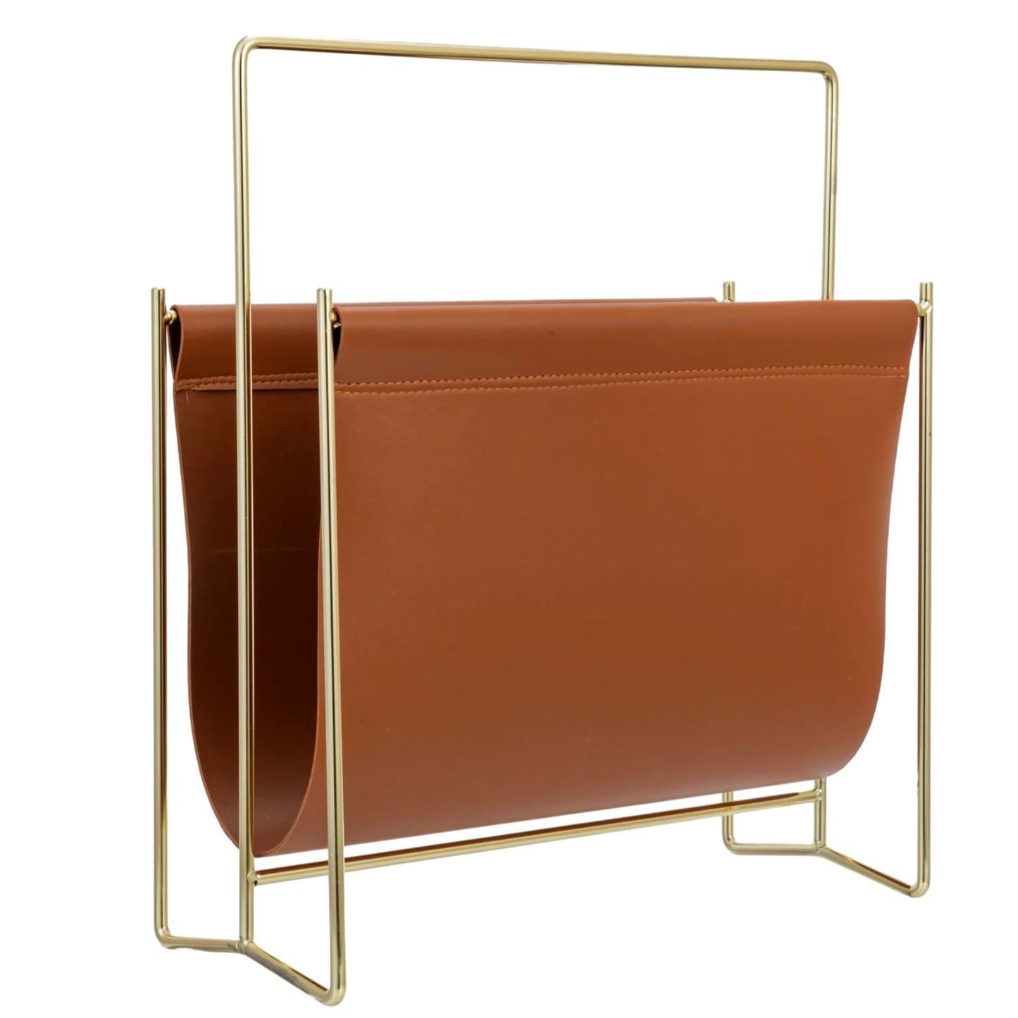MyGift 13 inch Modern Caramel Leatherette Magazine Holder Floor Standing Sling Style Rack with