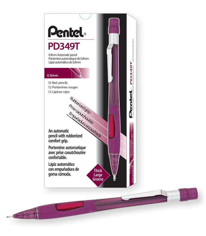 Pentel Quicker Clicker Automatic Pencil, 0.9mm Lead Size, Transparent Red Barrel, Box of 12