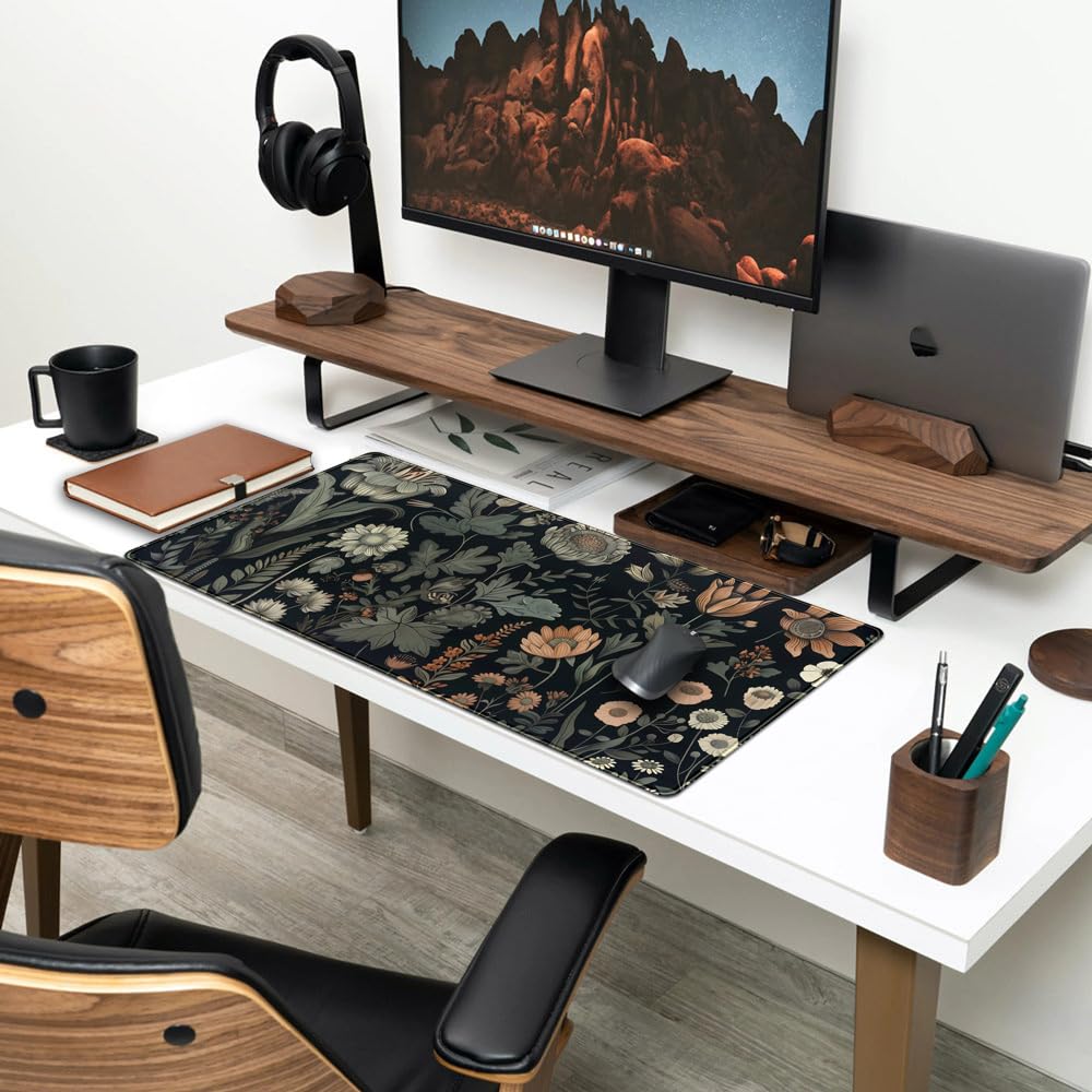Aesthetic Vintage Dark Flower Plants Wildflowers Large Gaming Mousepad XXL Keyboard Mouse Mat Full
